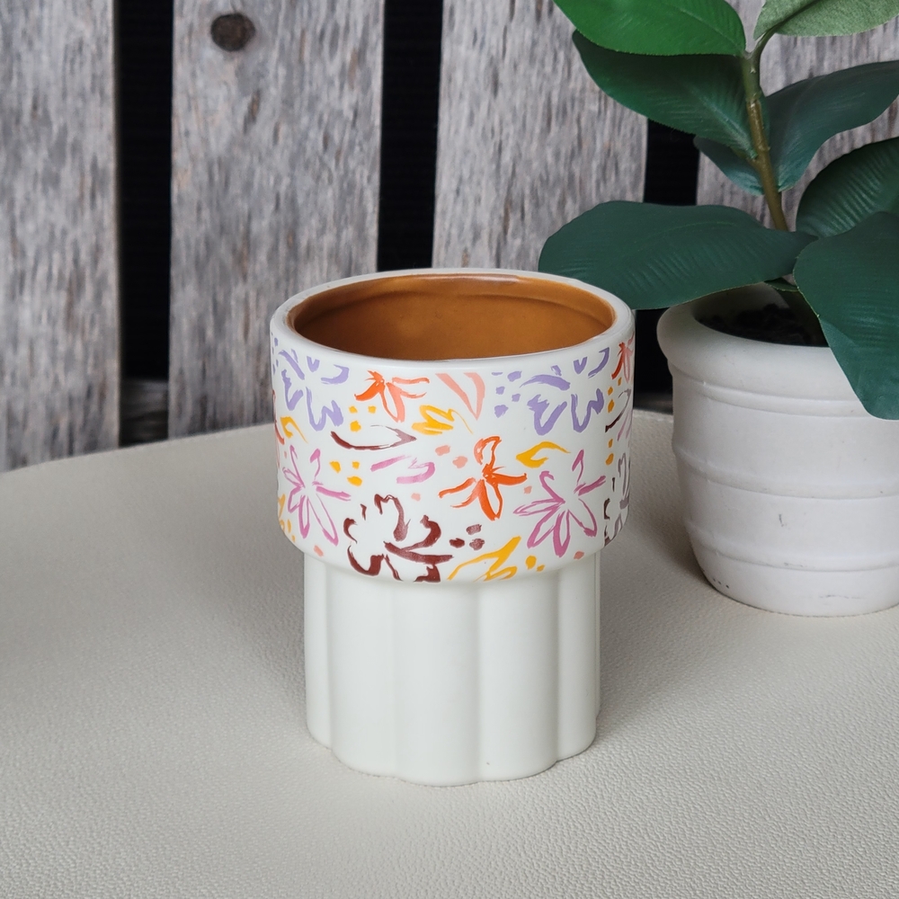 Boho Jewel Tone Abstract Floral Ceramic Stackable Mug Scalloped Base